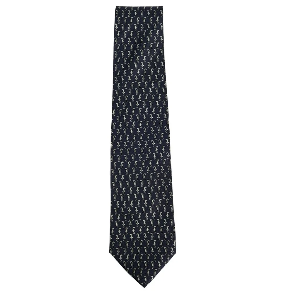 Brooks Brothers Makers Men's 100% Silk Necktie‎ Designer Navy Blue Seahorse Repp